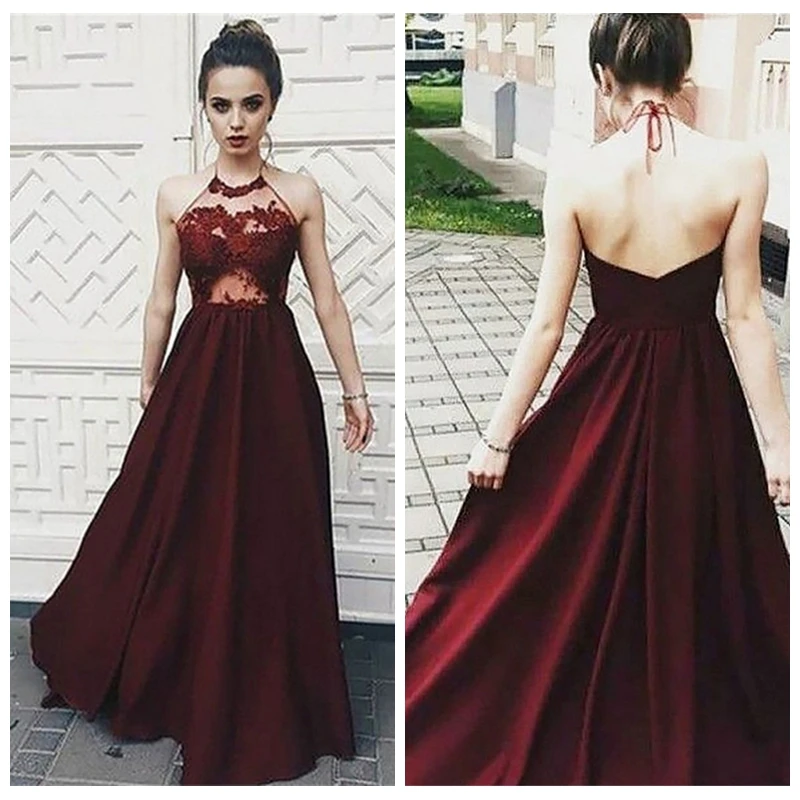 Simple Burgundy Halter Neck A Line Prom Dresses Lace Appliques Sexy Backless Custom Made Formal Special Occasion Party Gowns | Свадьбы и