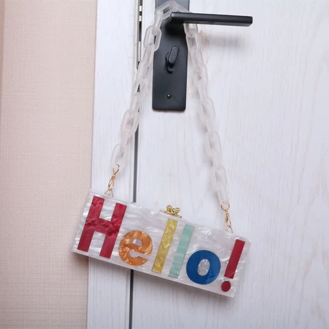 resin chain Hello, акриловый чехол, красочная буква, имя, личное, жемчужно-белый акрил, кошелек, сумки, женские, брендовые, вечерние, дамские сумки, Прямая поставка - Цвет: resin chain