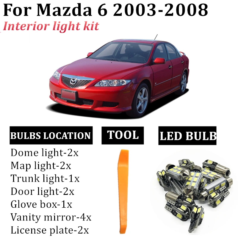

14x Auto LED Light Bulbs Interior Kit For Mazda 6 2003-2008 Canbus Led Map Dome License Plate Lamp car accessories