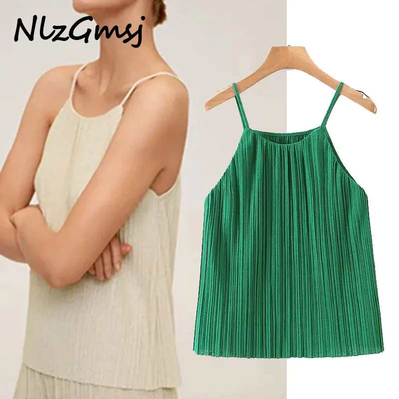 

Женский летний топ Nlzgmsj Za, шифоновая блузка со складками, топ с открытыми плечами и круглым вырезом, облегающая шикарная майка, Женский Топ ...