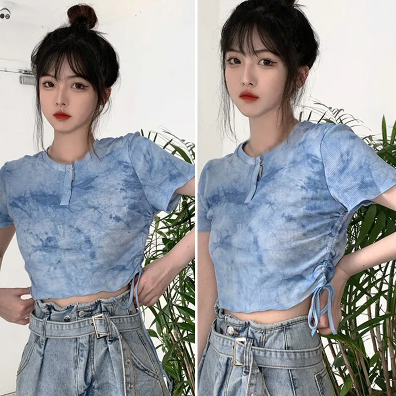 

Woman Tshirts Bow-knot Decorated T-shirts Sense Tie-dye Drawstring Bm Wind Short Sleeve T-shirt Mujer Camisetas