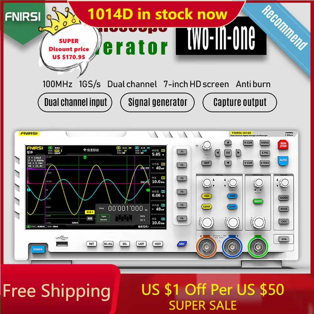 

FNIRSI-1014D Digital Oscilloscope 2 In 1 Dual Channel Input Signal Generator 100MHz* 2 Ana-log Bandwidth 1GSa/s Sampling Rate