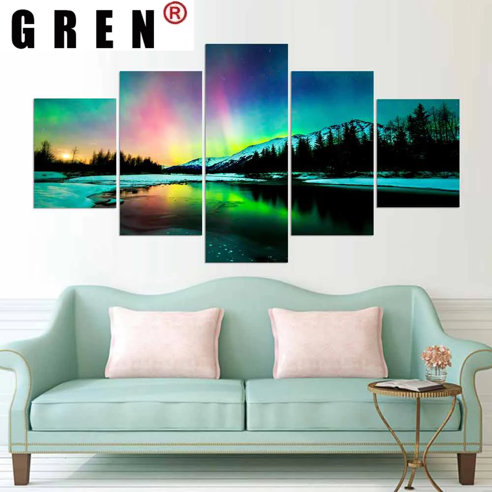 

GREN 5 Panels Abstract Colorful Aurora Borealis Canvas Paintings Poster Prints Sofa Wall Art Pictures For Living Room Home Decor