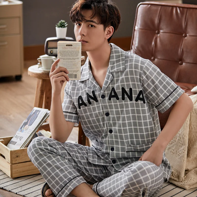 

Cotton Men's Pajamas Summer Short-Sleeved Trousers Casual Thin Blue Middle-aged Homewear Set Spring and Autumn Pijama Hombre