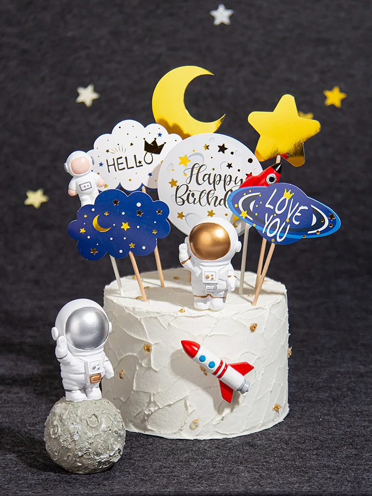 

Children boy Series Shining Star Universe Space Astronauts Birthday Party Cake Atmosphere Arrangement Of Insert Card Plug-in