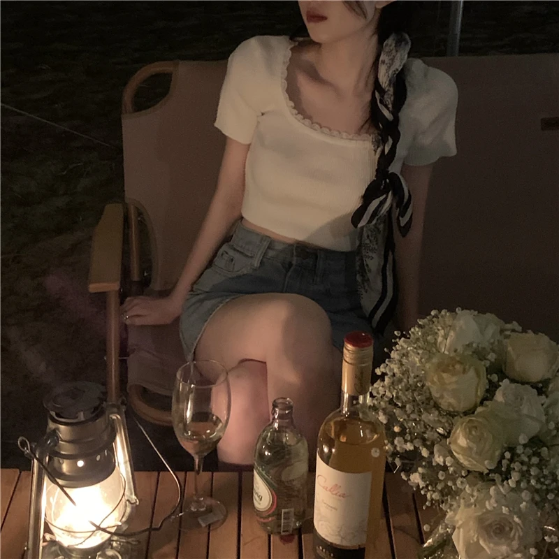 

Womens Slim Knit Pullover 2021 Summer New Gentle French Style Minority Square Neck Casual SolidLace Lady Top Cropped Sweater