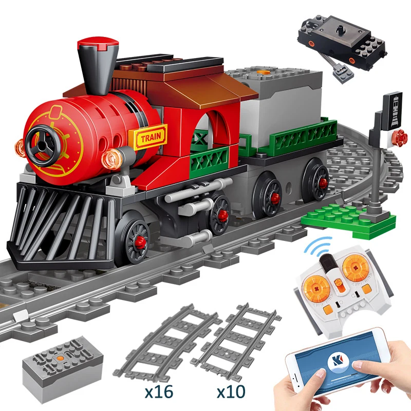 

City High-tech RC Track Railway Vehicle Bricks Electric Train Remote Control DIY Building Block Creator Toys for Children Gifts
