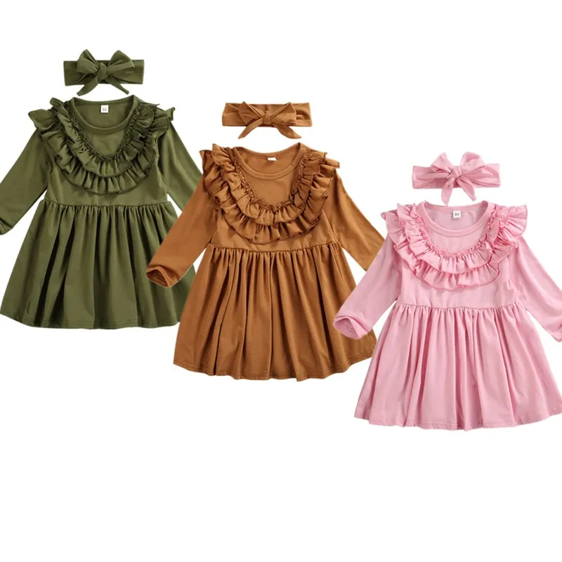 2019 Baby Spring Autumn Clothing Toddler Kids Girls Party Casual Dress Headband Clothes Outfits Ruffled Solid Sundress 1-6T | Детская