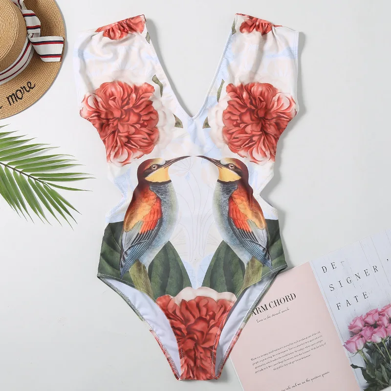 One Piece Swimsuit 2021 Long Sleeve Swimwear Women Bandage Print Monokini Sexy Black Bathing Suit String Backless Beachwear | Спорт и