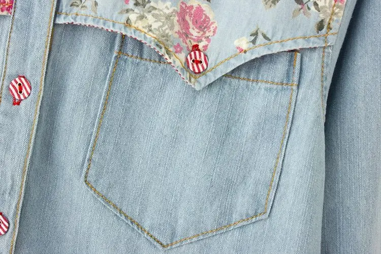 Осенняя винтажная джинсовая рубашка с вышитыми розами для девочек повседневные