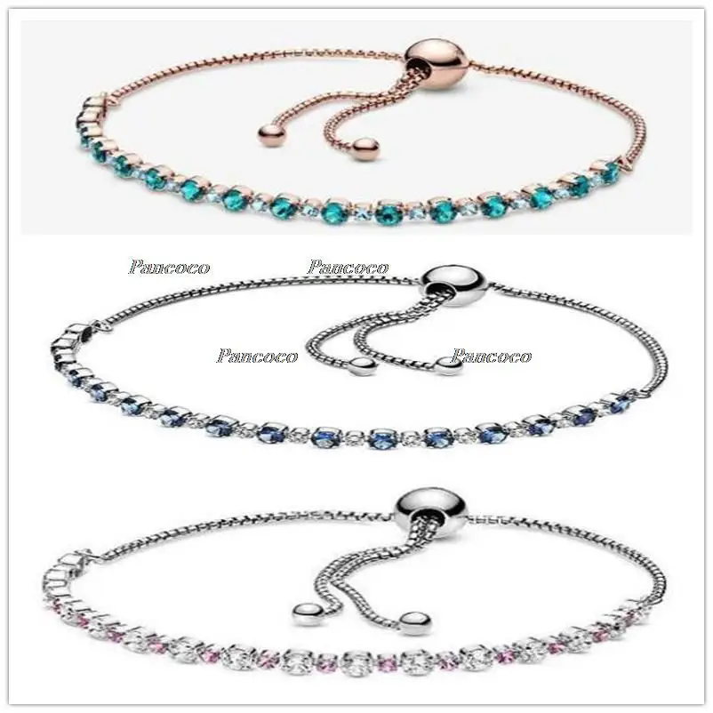 

925 Sterling Silver Bracelet Turquoise Sparkling Slider Tennis Blue Stones Bracelet For Women Diy Fashion Jewelry