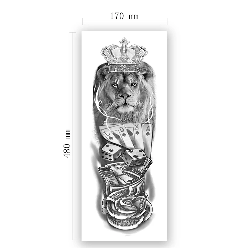 

Lion Crown Temporary Tattoo Stickers Playing Card Tatto Waterproof Black Dice Tattoos Full Arm Body Art Fake Tatoos Women Men