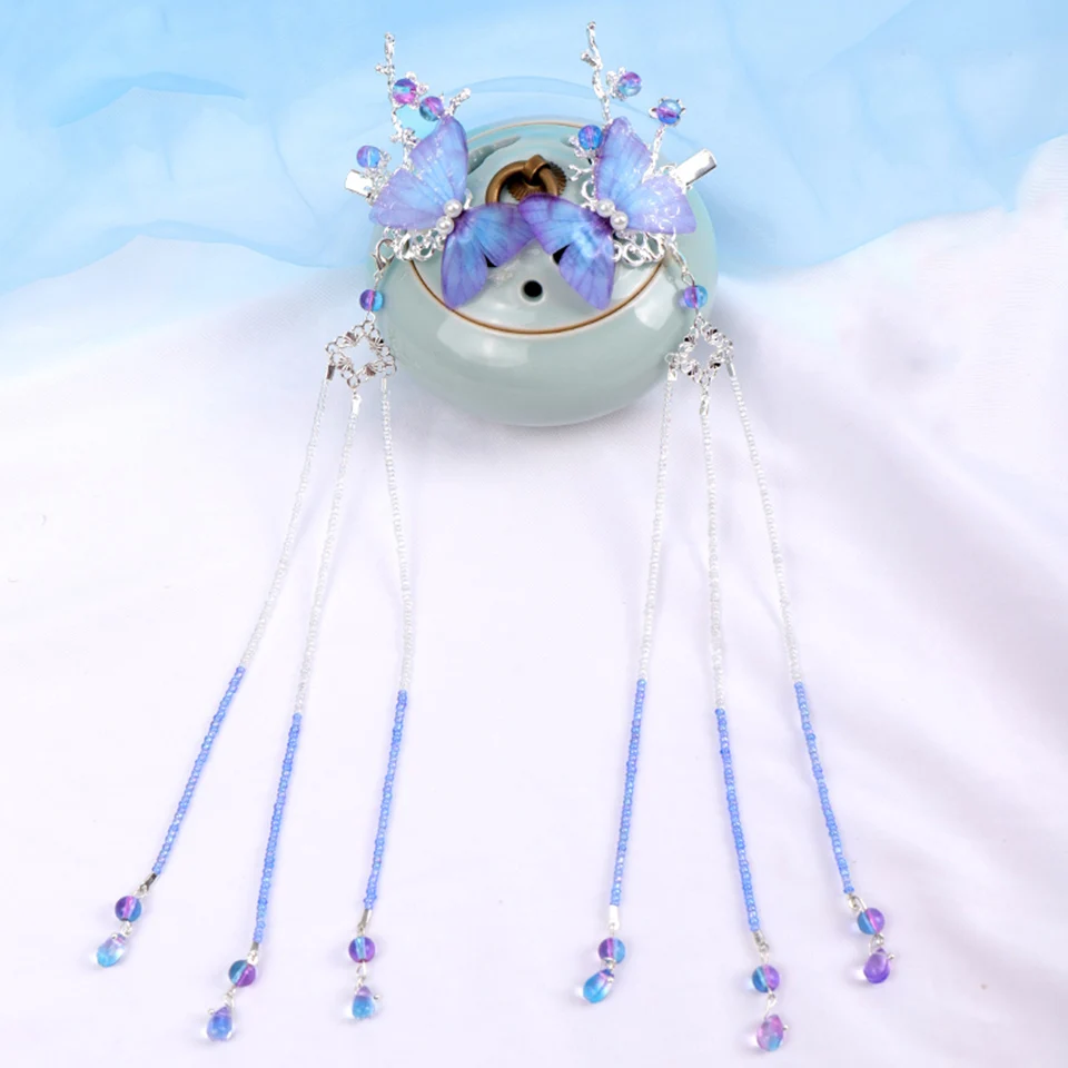 

Vintage Chinese Butterfly Hair Clip Headdress Long Tassel Hairpins Tiaras Bridal Hair Jewelry Women Hair Accessories