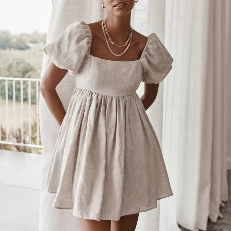 

Женское короткое льняное платье-трапеция, повседневное винтажное ТРАПЕЦИЕВИДНОЕ ПЛАТЬЕ С Высокой Талией, квадратным вырезом и рукавами-фо...