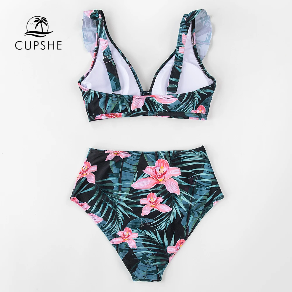 CUPSHE зеленый цветочный гофрированный комплект бикини с высокой талией купальник