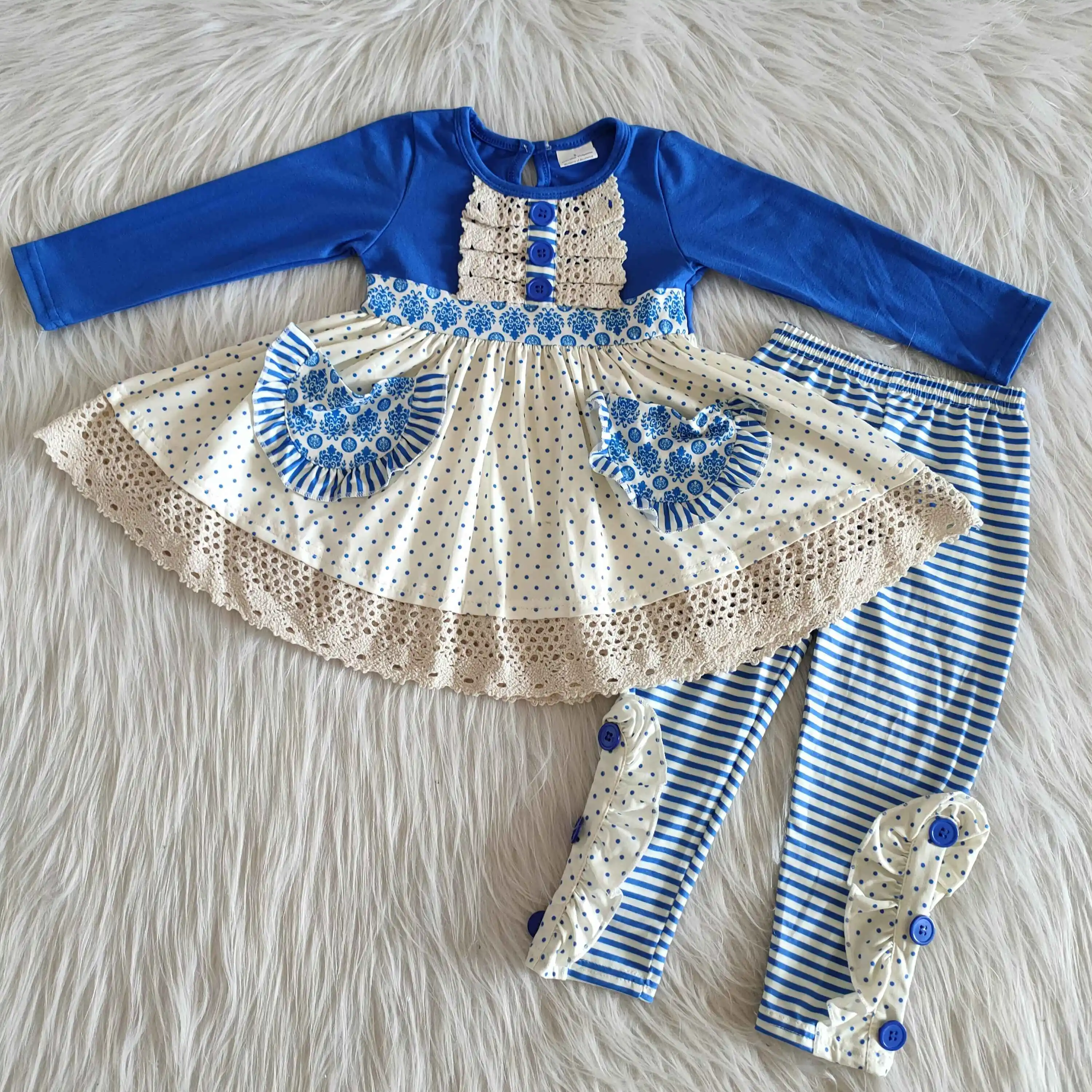 

Blue pocket kids girl's striped leggings baby girl's fall outfits high quality twirl top 2-piece set