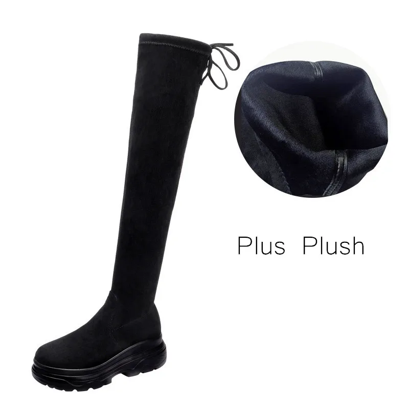 Black With Plush CINESSD, размер 44, женская теплая обувь черного цвета пикантные женские сапоги из флока, зимние сапоги выше колена женские эластичные сапоги, Botas altas Mujer - Цвет: Black With Plush