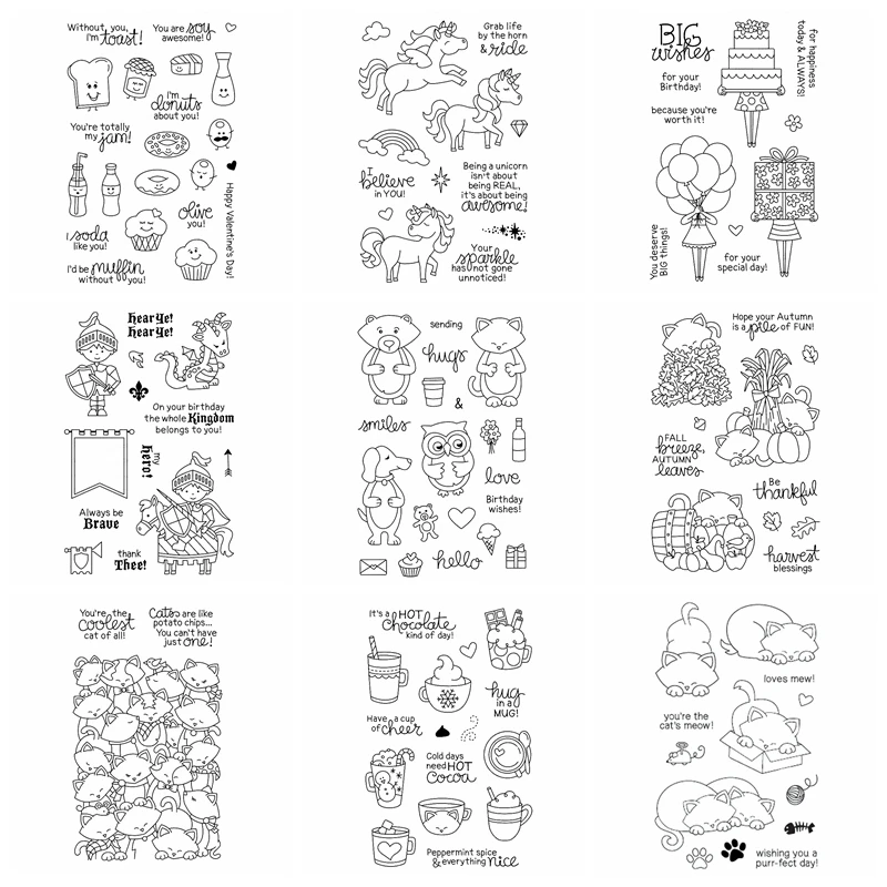 

4x6 inch Cats Cup of Cocoa Holding Happiness Believe in Unicorns Love Bites Clear Stamp set for DIY Scrapbooking Card Crafts