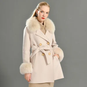 Женский блейзер с поясом, однотонный двусторонний блейзер с воротником и манжетами из натурального меха, Осень-зима 2020