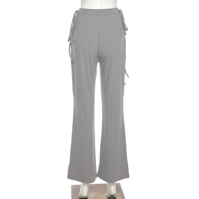 

2021 Spring Female High Waist Streetwear Drawstring Bandage Casual Full Length Pants Women Slim Bell Bottom Ribbed Knitted Pants