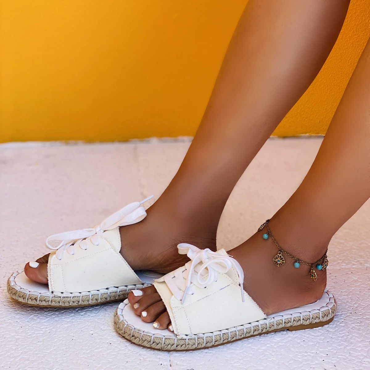 

2021 Summer Peep Toe Espadrille Flats Shoes Women Sneakers Fashion Breathable Lace Up Flats Shoes Casual Sewing Woman Slippers