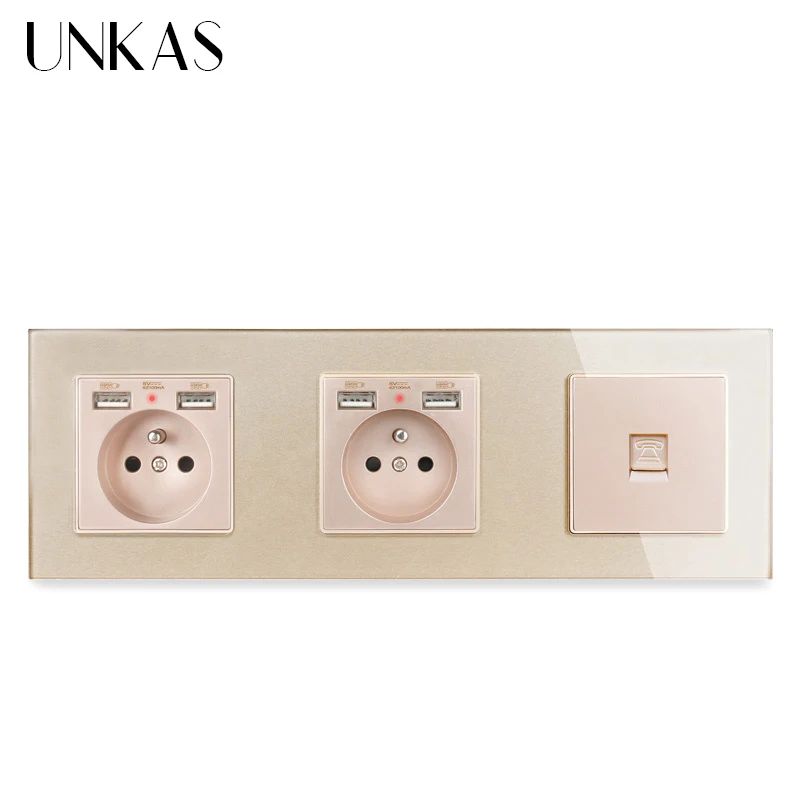 Двойная французская стандартная настенная розетка UNKAS из закаленного стекла с 4