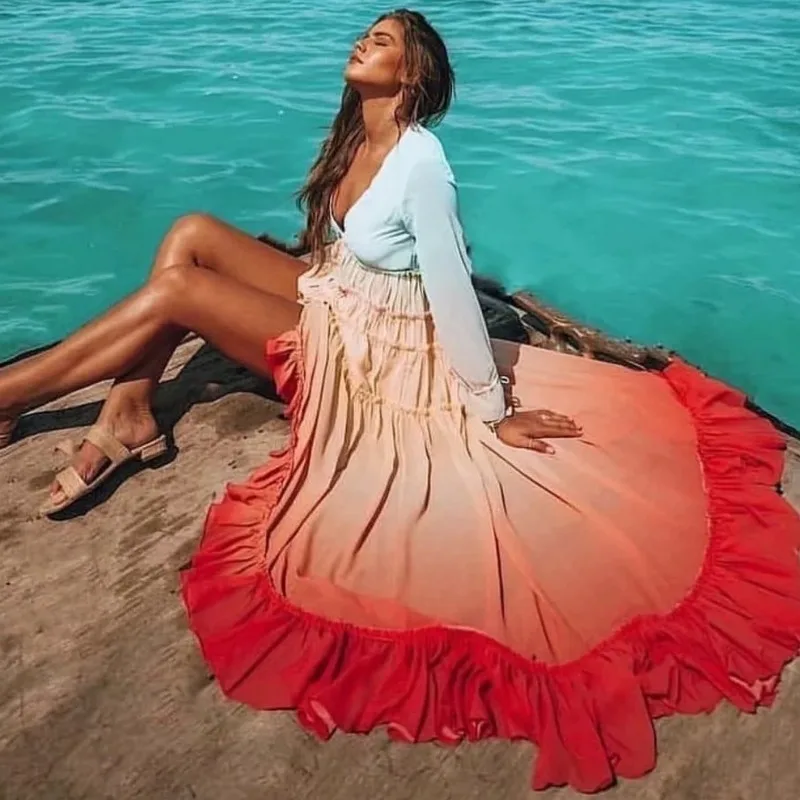 DEAT 2021 весна лето пляжное стильное цветное длинное шифоновое платье с v образным