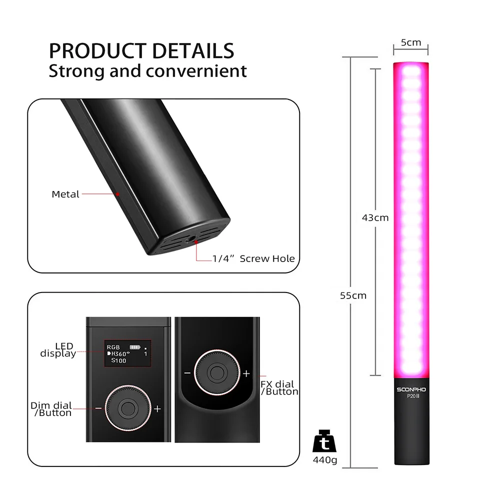 Портативная светильник лочка SOONPHO P20II 2500K-8500K со встроенным аккумулятором RGB CRI95 и