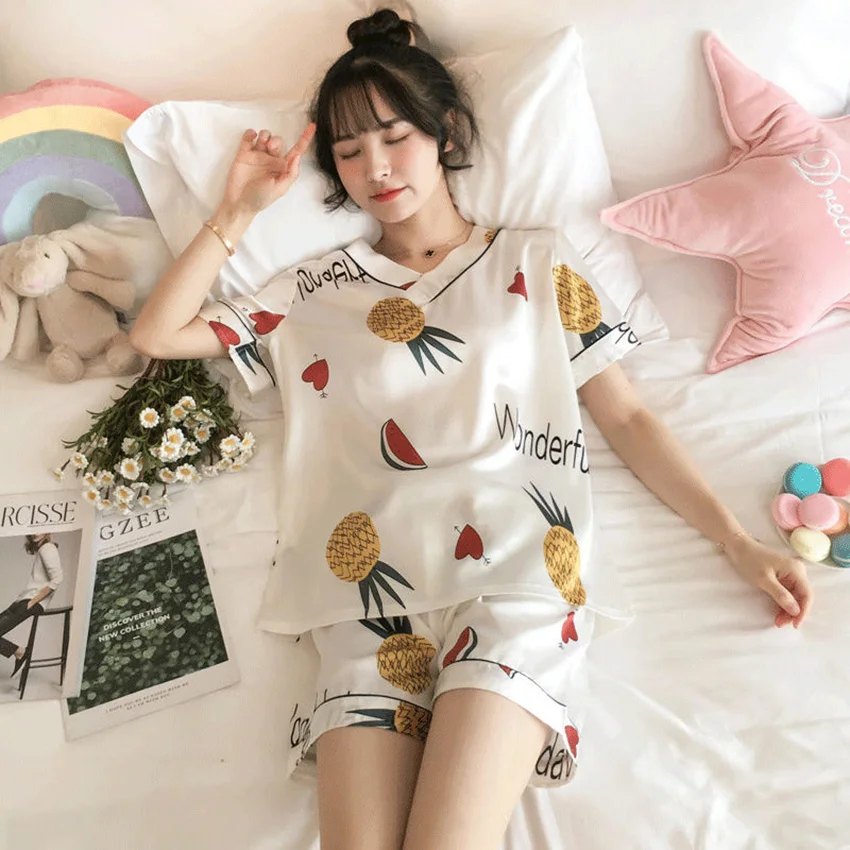 

Summer Women Short Sleeve Pajamas Set Cute Sexy Lingerie Sleepwear Silk Plus Size Nightwear Animal Cartoon Home Clothes