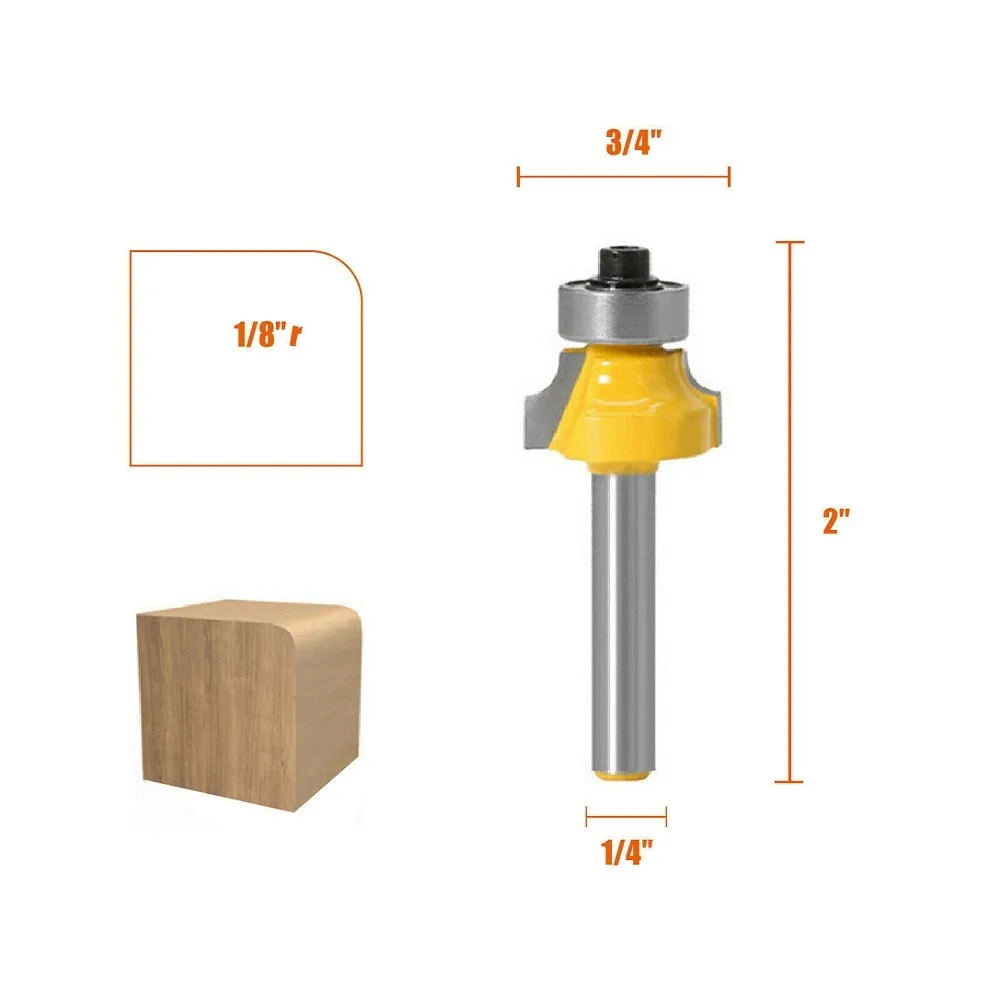 

4pcs 1/4 Inch Shank Round Over Bead Edge Forming Router Bit 1/2 3/8 1/4 1/8 Solid Hardened Steel Router Bit Yellow Router Bit