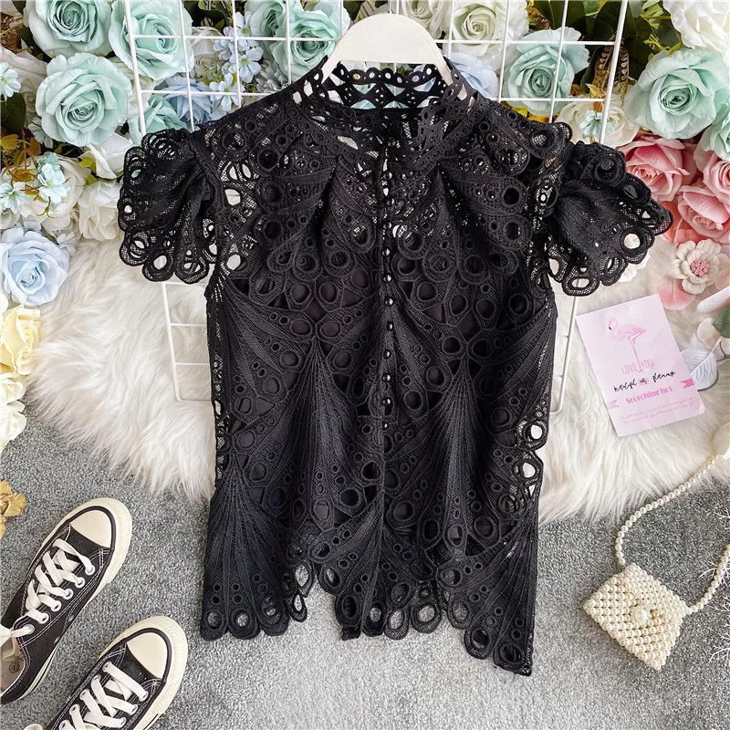

2021 Summer Vintage Women Top New Stand Collar Single Breasted Slim Shirts Fashion Hollowing Out Lace Korean Woman Shirt Tops
