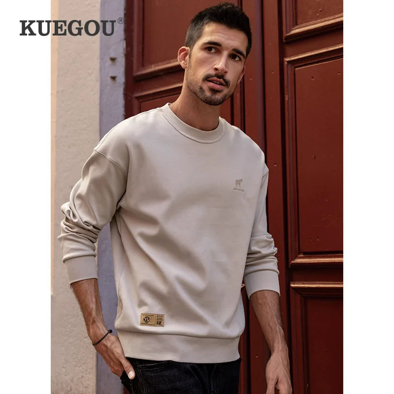 KUEGOU 2021 Autumn Plain Crewneck Letter Embroidery Sweatshirt For Men Vintage Trendy Streetwear Designer Oversize Clothing 3274 | Мужская