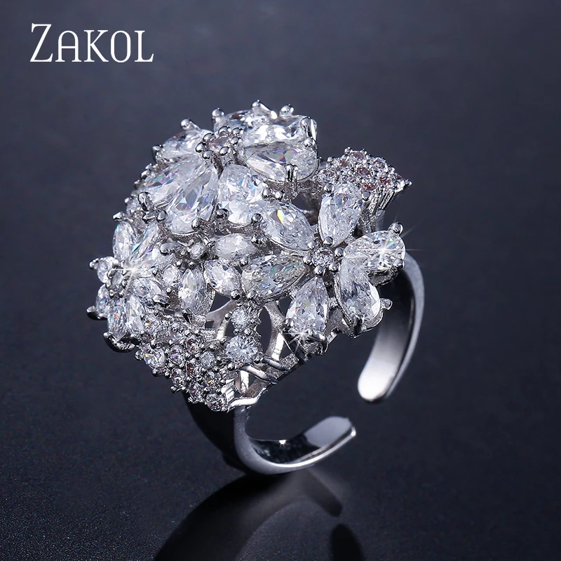 

ZAKOL 2020 Luxury Jewelry Womens Rings Big Stone Flowers Cubic Zirconia Opening Ring for Women Wedding Accessories FSRP231