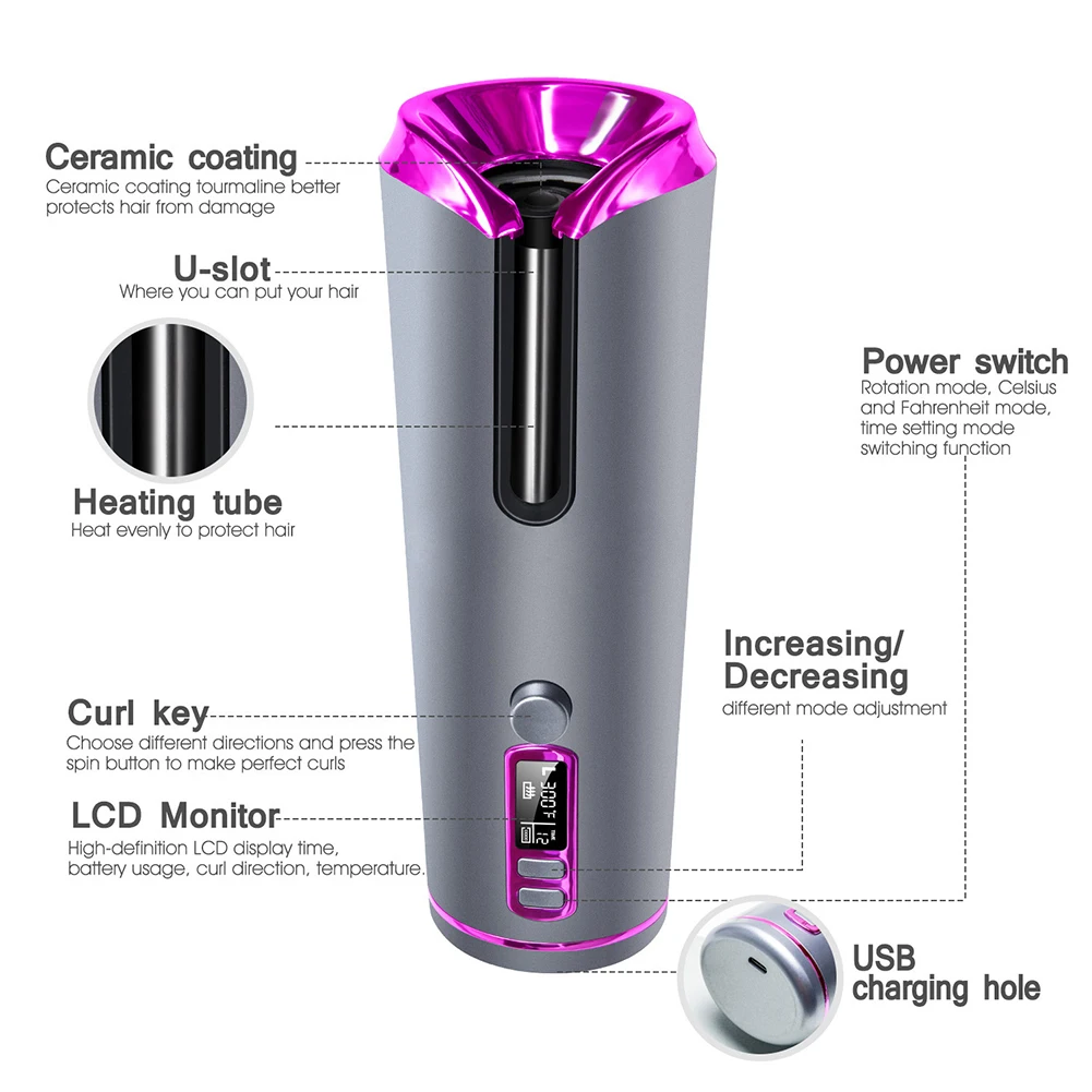 

USB Rechargeable Auto Curling Iron Waver Hair Curler LCD Display Curling Roller Waver Automatic Rotating Hair Styling Tool