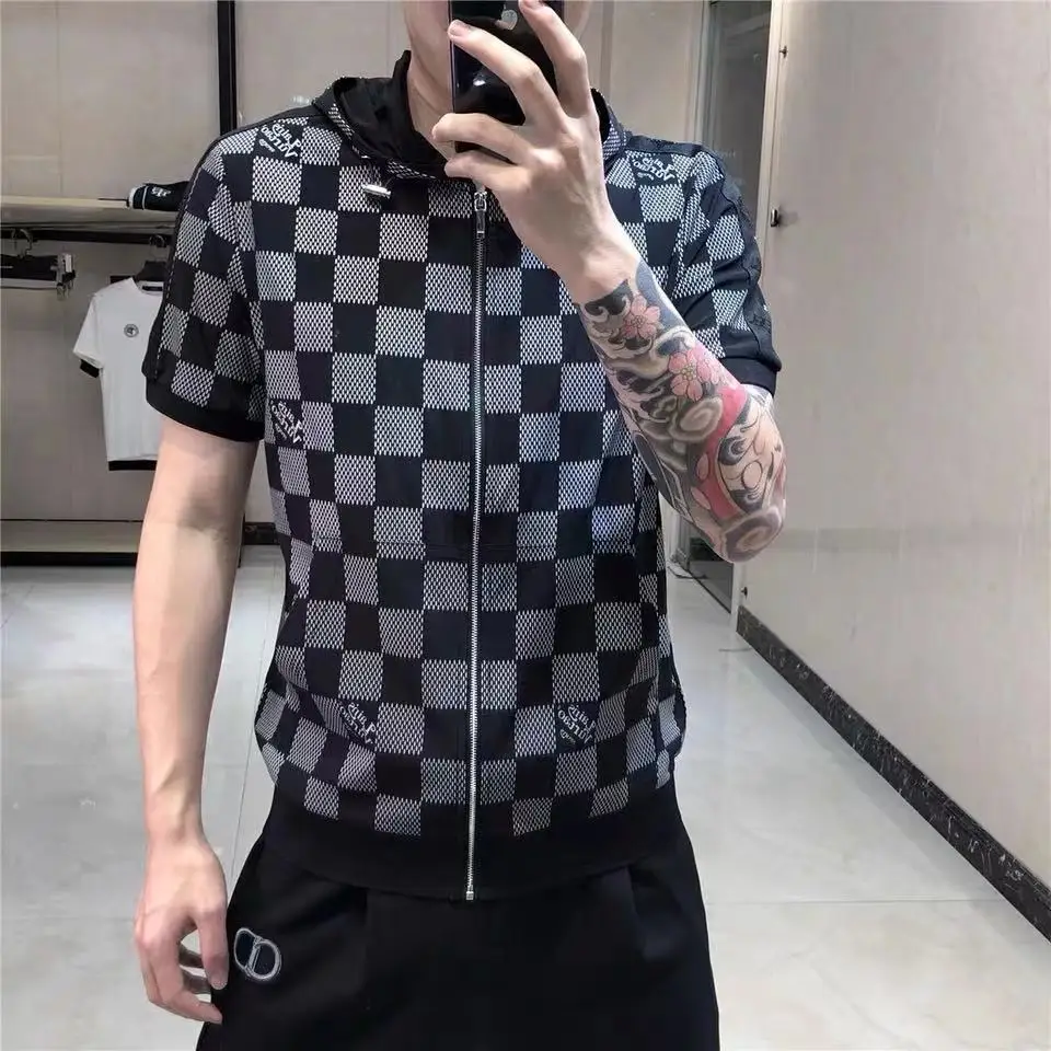 

Hooded short sleeve t-shirt men's youth Plaid retro printing business casual men's breathable summer half sleeve T-shirt