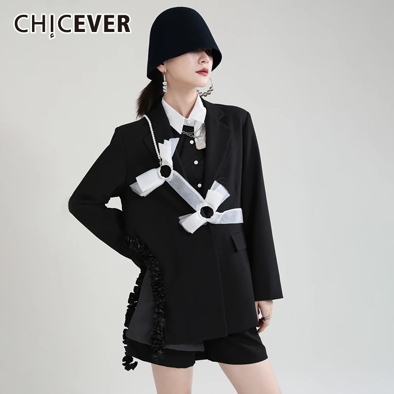 

CHICEVER Streetwear Blazers For Women Notched Loose Long Sleeve Patchwork Floral Beading Single Button Coats Female 2021 Autumn
