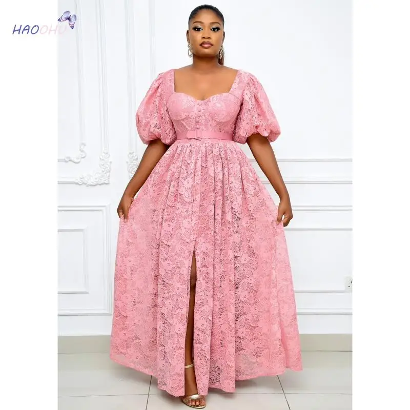 

Prom Elegant Pink Dress 2021 High Waist Slit Temperament Lady Fashion Casual Dress for Women Sashes HAOOHU Summer Plus Size