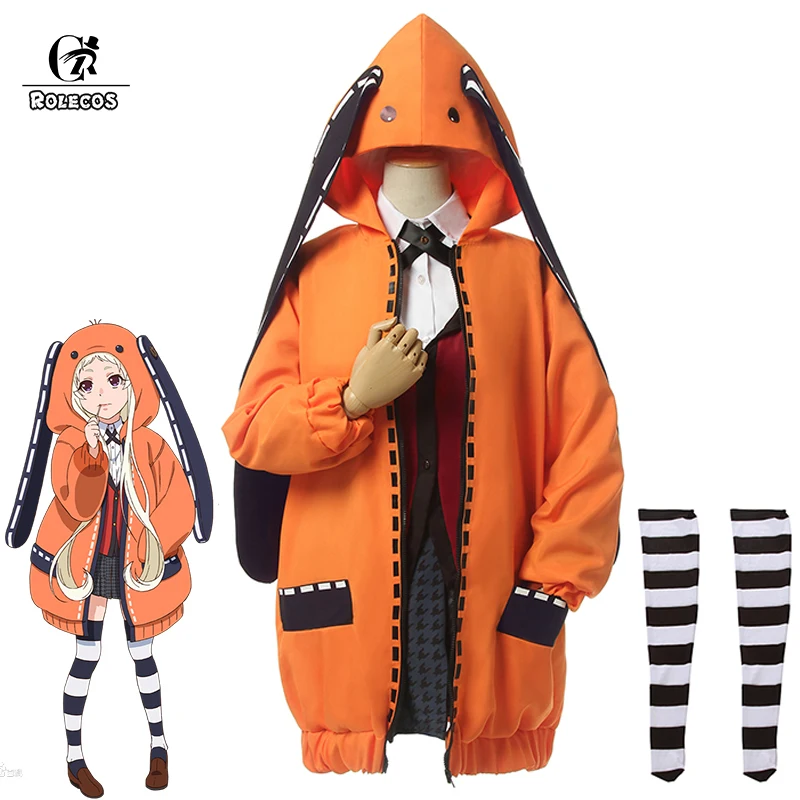 

ROLECOS Anime Kakegurui Cosplay Costumes Runa Yomozuki Cosplay Costume Women Halloween Full Set Coat Orange Jacket with Socks