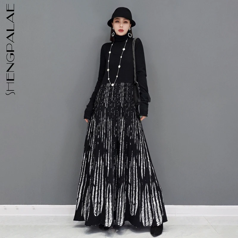 

SHENGPALAE Fashion Spliced Knitted Derss Women's Autumn 2021 New Stand Neck Loose Long Sleeve Printed Mid-calf Dresses Female