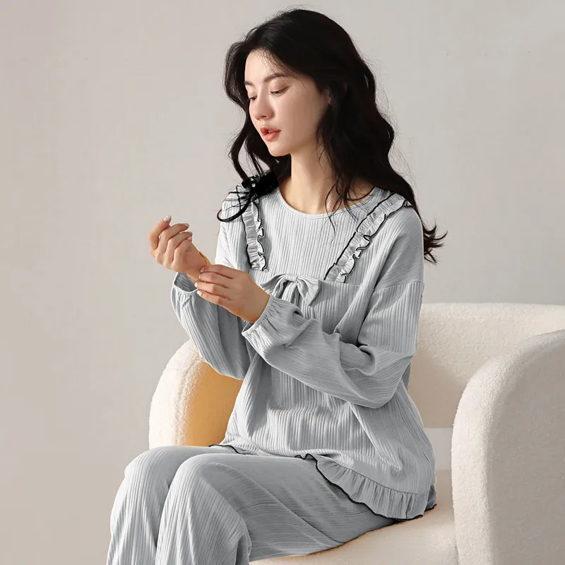 Sleepwear Women Cotton 2 Piece Pajama Set Spring Autumn Woman Princess Round Neck Long Sleeved Plus Size Korean Pajamas