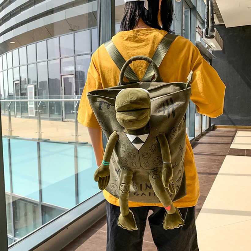 

New Frog Stereo Doll Backpack Girls Canvas Doodle Backpack School Bag Kawaii Women's Shoulder Bag Large-capacity Travel Bag