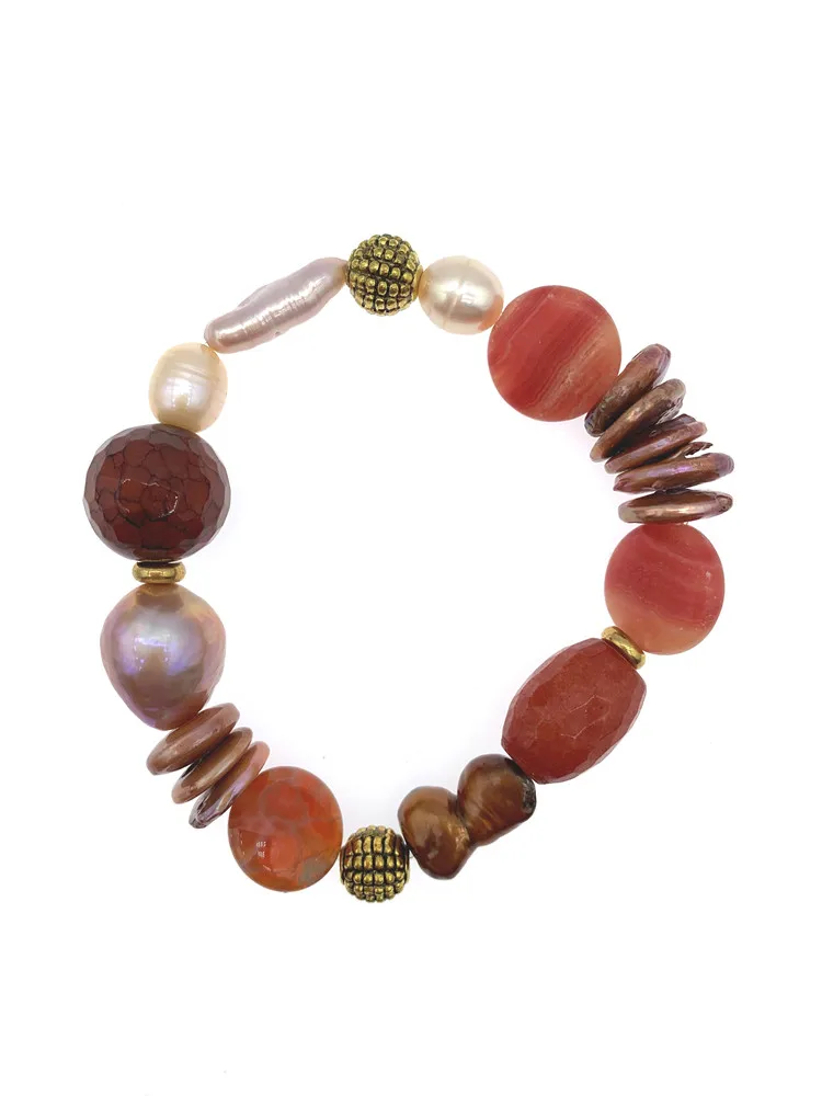 

FoLisaUnique Baroque Pearls Agate Bracelet Rondelle Coin Pearls Antique Gold Plated Beads Stretchy For Women Gift 7.5 Inch