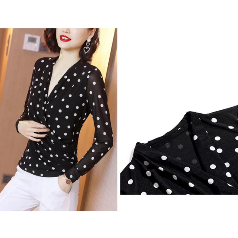 Spring Autumn Women Modern Latin Costume Casual V-Neck Black Dot Printed Lace Suit Bottoming Shirt