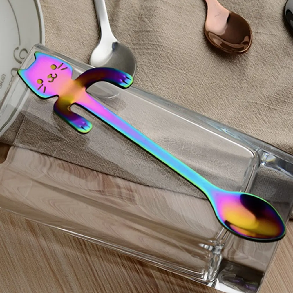 

1pcs Cute Cat Spoons Long Handle Hanging Spoon Coffee Milk Stainless Steel Spoon Flatware Kitchen Tools for Kids Gifts