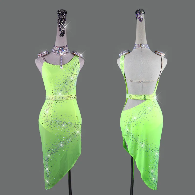 Блестящие женские платья Стразы для латиноамериканских танцев с открытой спиной