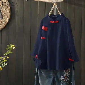 Женская Осенняя блузка ZANZEA 2021 года, рубашки на пуговицах с покрытием в китайском стиле, льняные топы, Женские однотонные блузы, туника большого размера, рубашка 5XL