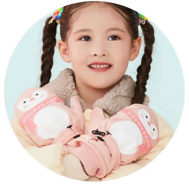

Kids Boy Girl Cartoon Penguin Waterproof Gloves Double Layer Ribbed Cuff Adjustable Anti-Slip Winter Ski Windproof Mittens Drop