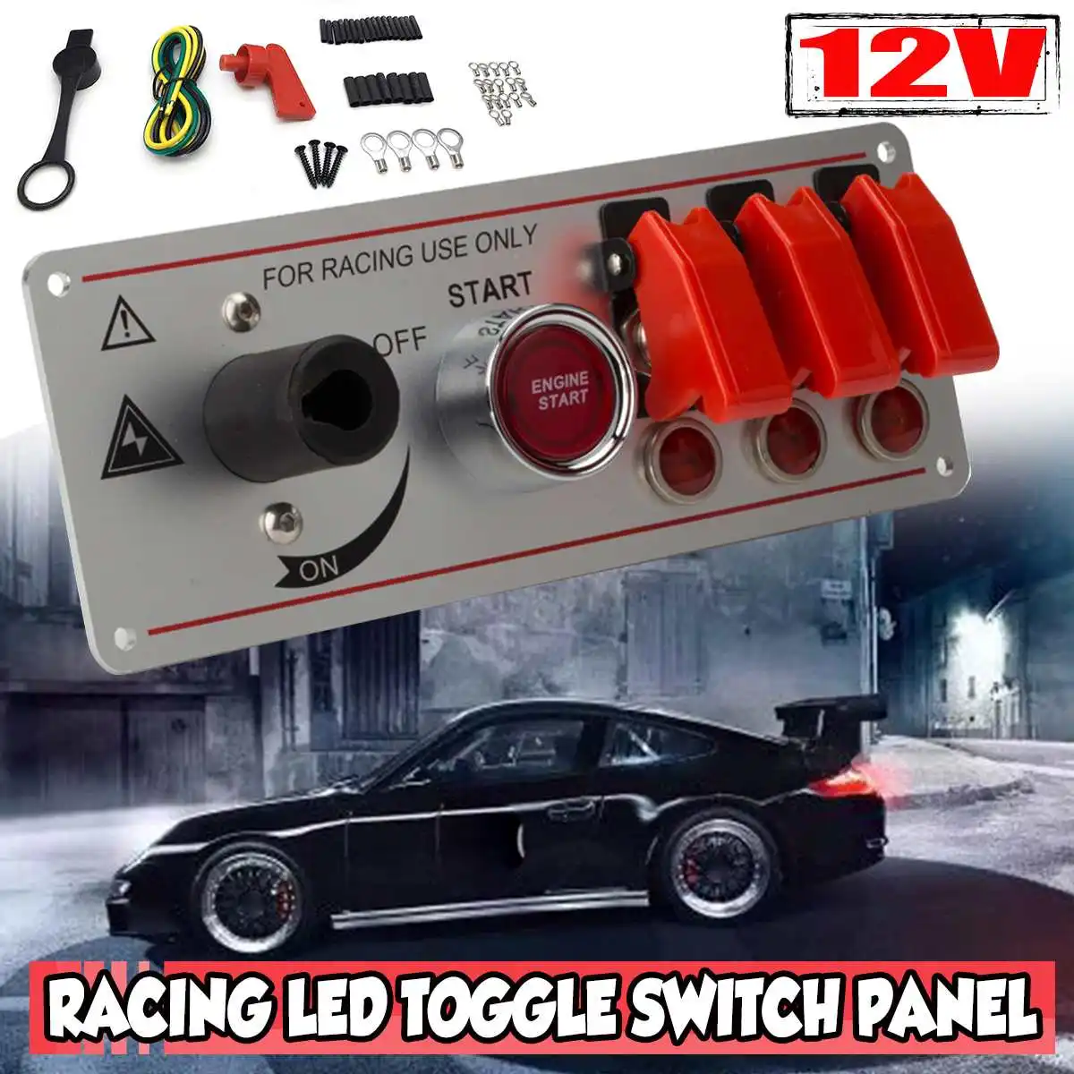 

3 Gang LED Ignition Toggle Switch Panel ON/OFF Switch Engine Start Button with Indicate Light Universal for 12V Racing Cars