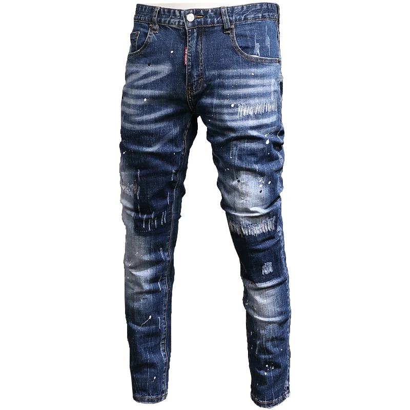 European American Street Fashion Men Jeans Retro Blue Elastic Slim Ripped Jeans Men Distressed Designer Hip Hop Denim Punk Pants