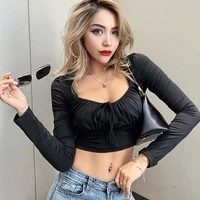 women t shirt wrapped cropped top long sleeve solid ruffle sexy square neck bandage elastic pullover tops female clothing